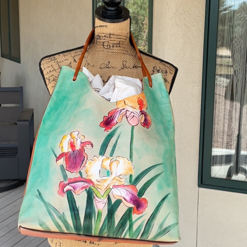 Hand-Painted Floral Tote Bag in Mint Green by
